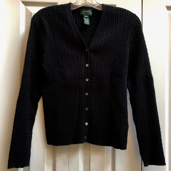 RALPH LAUREN LRL Vintage Classic Cardigan Cable Knit Cotton Black Petite PS - Picture 2 of 8